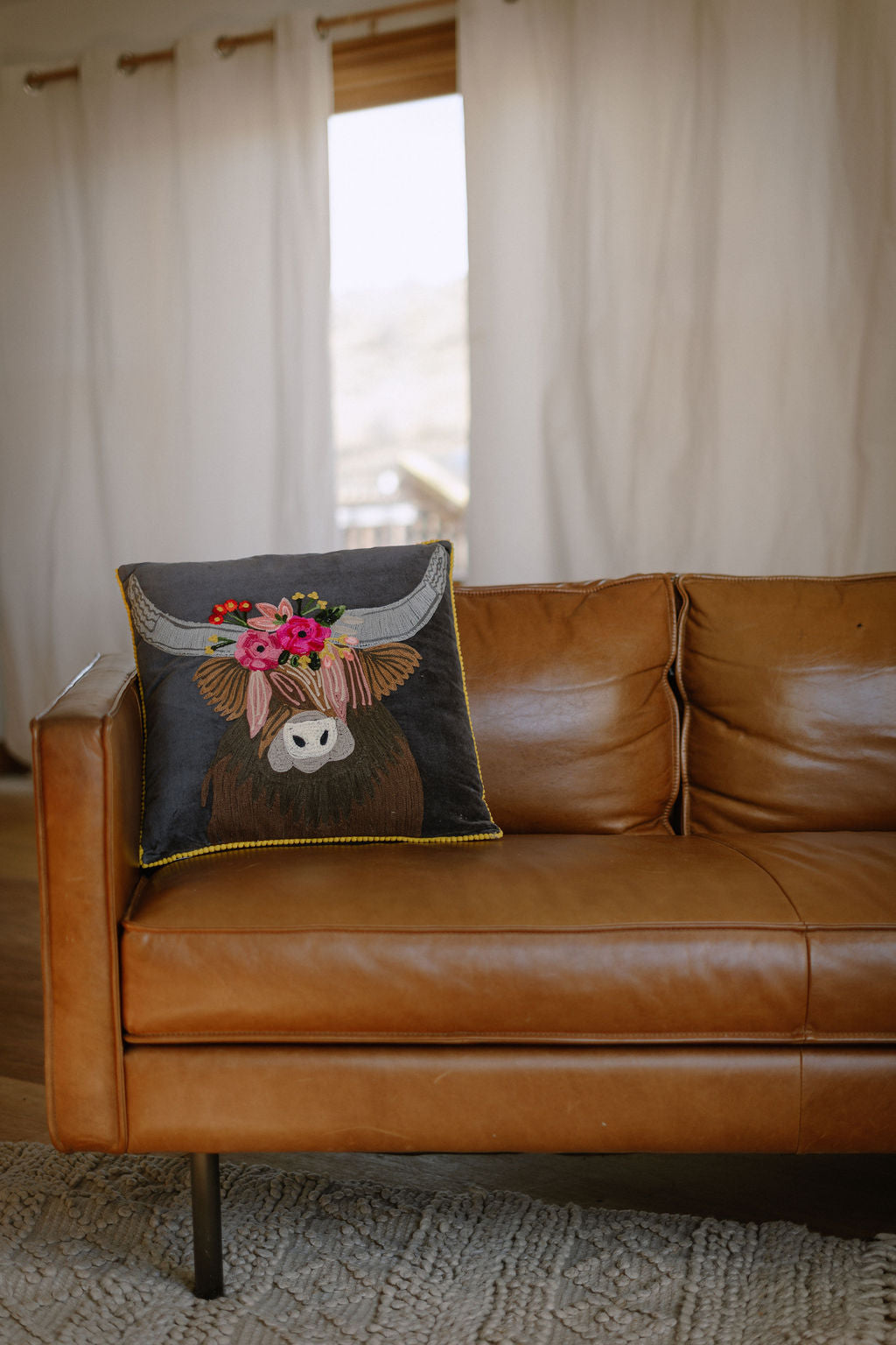 Highland Cow Velvet Embroidered Pillow