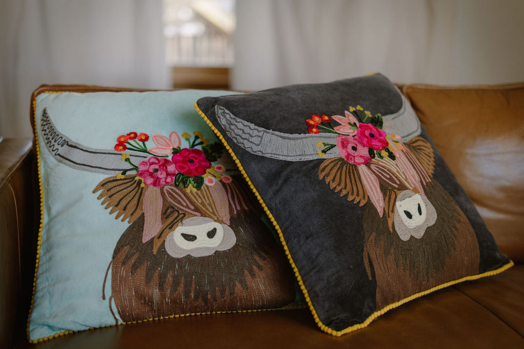 Highland Cow Velvet Embroidered Pillow