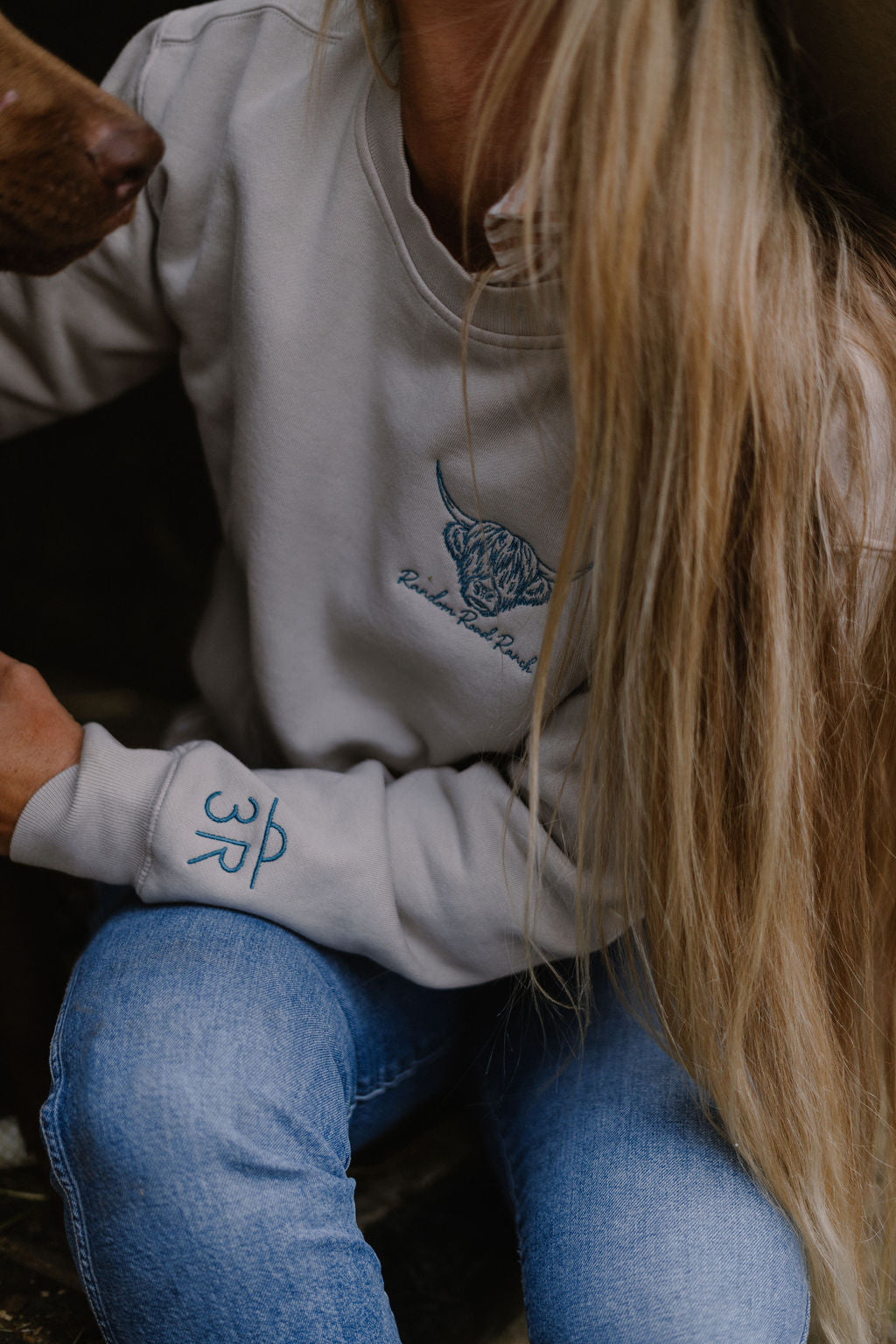 Fitted Random Road Ranch Embroidered Highland Cow Crewneck