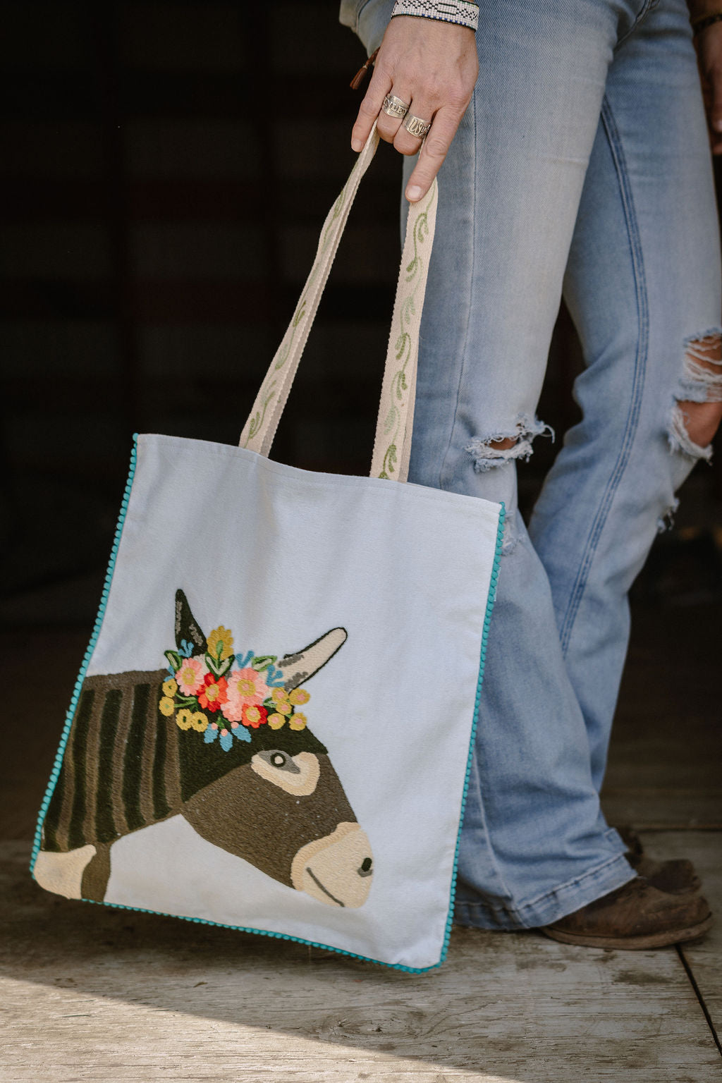 Floral Donkey Embroidered Tote Bag